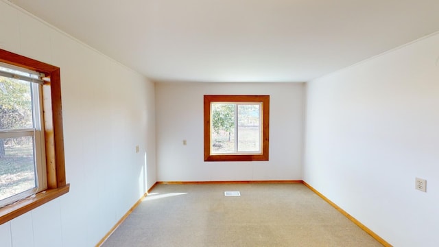 carpeted empty room with ornamental molding