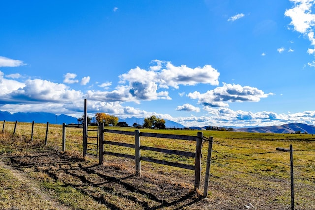 view of gate featuring a rural view and a mountain view