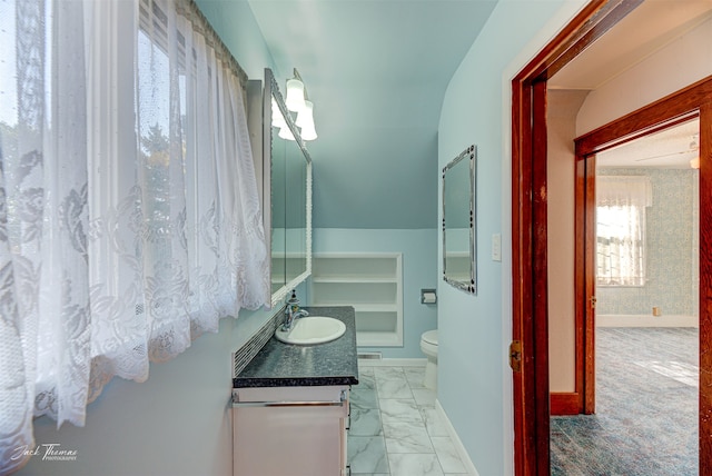 bathroom featuring vanity, lofted ceiling, and toilet