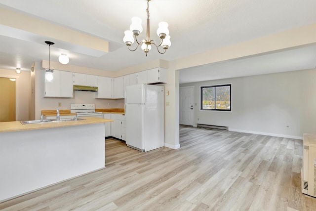 20622 US Highway 10 E, Clinton, MT 59825 - kitchen featuring white appliances, a baseboard radiator, under cabinet range hood, light wood-type flooring, and a chandelier