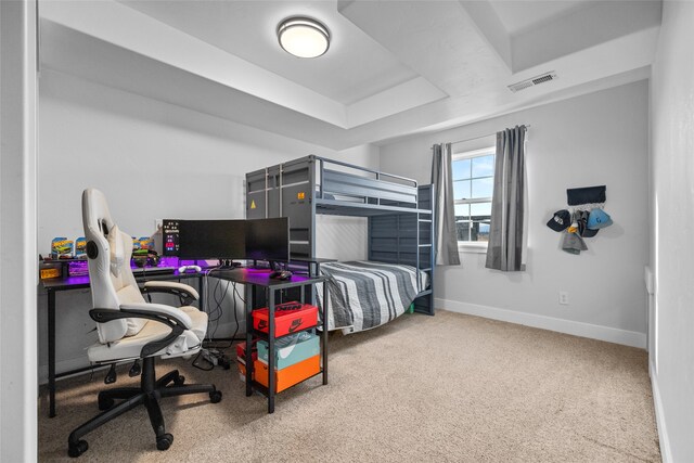 bedroom featuring carpet and a tray ceiling