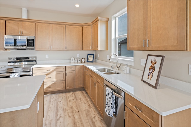 kitchen featuring sink, appliances with stainless steel finishes, and light hardwood / wood-style flooring