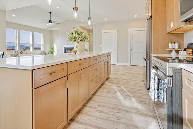 kitchen featuring light hardwood / wood-style flooring, stainless steel appliances, light brown cabinetry, and a kitchen island