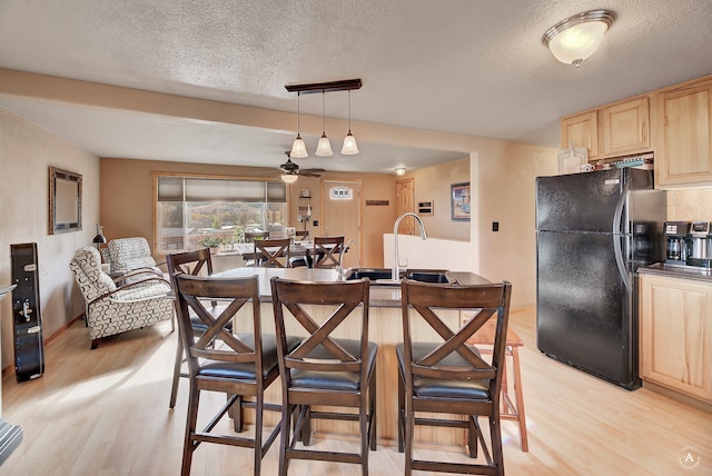 dining room featuring light hardwood / wood-style flooring, a textured ceiling, and ceiling fan