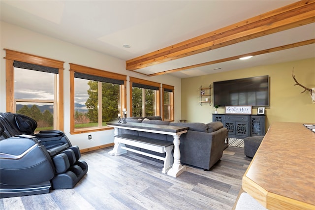 living room with beam ceiling and wood-type flooring