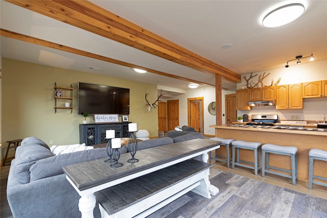 living room with beam ceiling and light hardwood / wood-style flooring