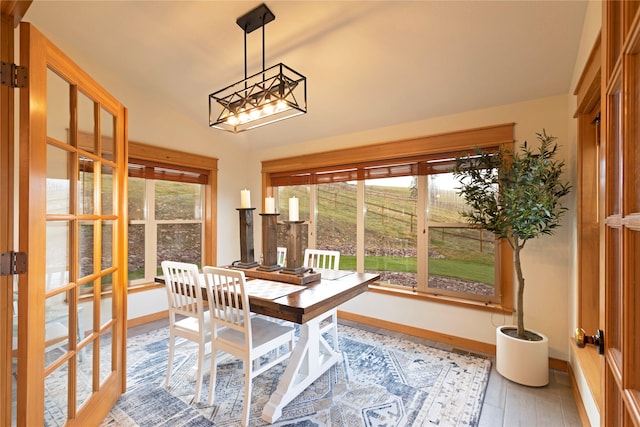 dining room with lofted ceiling and wood-type flooring