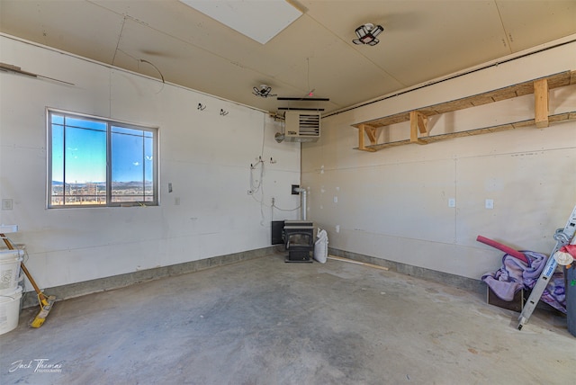 garage featuring a wood stove