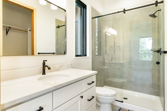 bathroom featuring vanity, an enclosed shower, and toilet