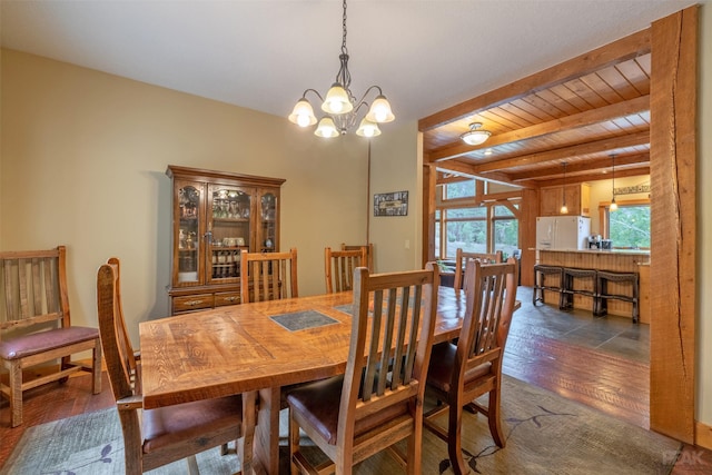 214 Solomon Mountain Rd, Clancy, MT 59634 - dining area featuring wood finished floors, beamed ceiling, and a chandelier