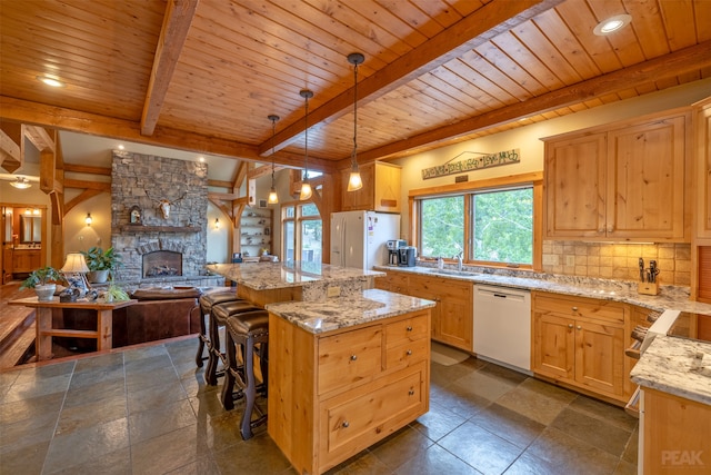 kitchen featuring white appliances, wood ceiling, a center island, hanging light fixtures, and beamed ceiling