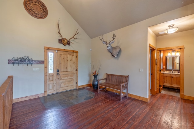 foyer with sink, vaulted ceiling, and dark hardwood / wood-style floors