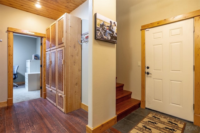 214 Solomon Mountain Rd, Clancy, MT 59634 - entryway with stairs, recessed lighting, wooden ceiling, and dark wood-type flooring