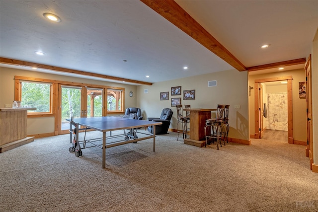 214 Solomon Mountain Rd, Clancy, MT 59634 - game room with carpet, a bar, recessed lighting, and beam ceiling