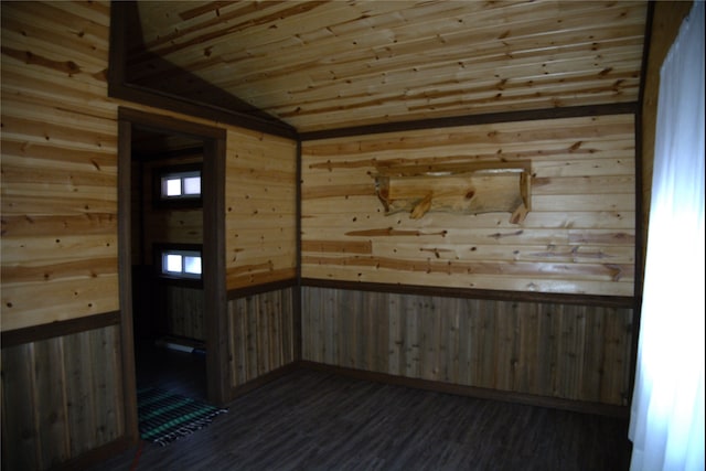 empty room with wood walls, dark hardwood / wood-style floors, and wooden ceiling