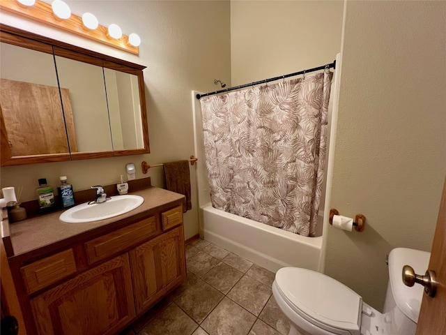 full bathroom with vanity, toilet, shower / bathtub combination with curtain, and tile patterned flooring