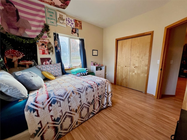 bedroom with a closet and light hardwood / wood-style floors