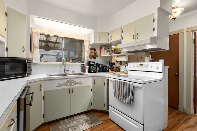 kitchen with sink, wood-type flooring, electric range, and dishwasher