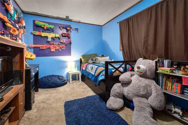 carpeted bedroom featuring crown molding