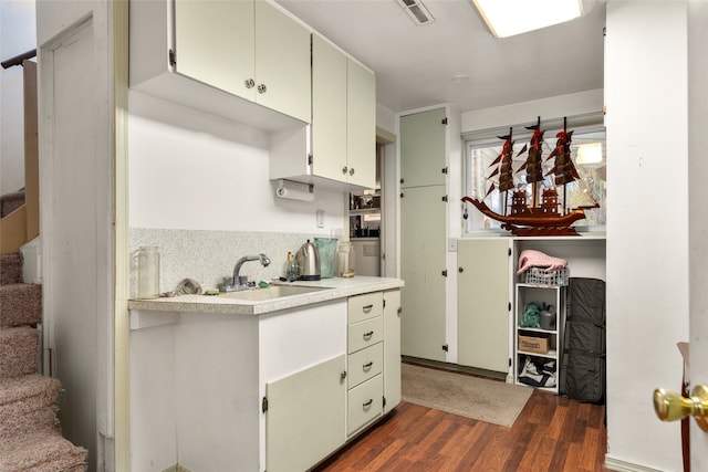 kitchen with sink, dark wood-type flooring, and decorative backsplash