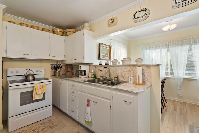 kitchen with light hardwood / wood-style floors, white cabinetry, sink, and electric stove