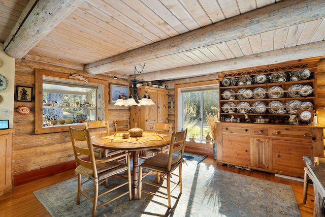 dining room featuring wood ceiling, hardwood / wood-style floors, beam ceiling, a chandelier, and log walls