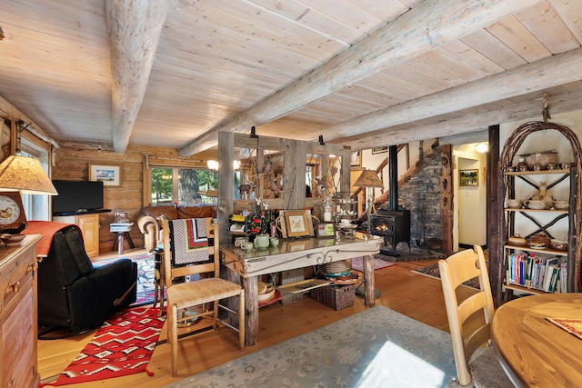 living room with wooden ceiling, beam ceiling, a wood stove, and light wood-type flooring