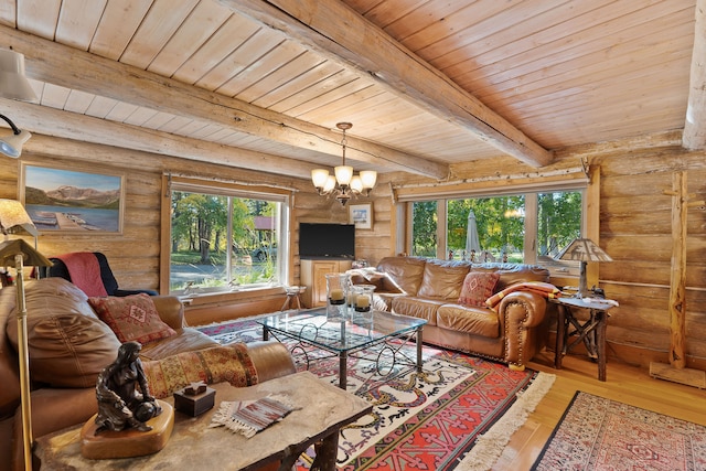 living room featuring wood ceiling, beam ceiling, a chandelier, and wood-type flooring