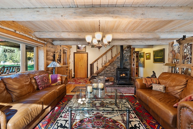 living room with beam ceiling, wood ceiling, wood-type flooring, and a wood stove