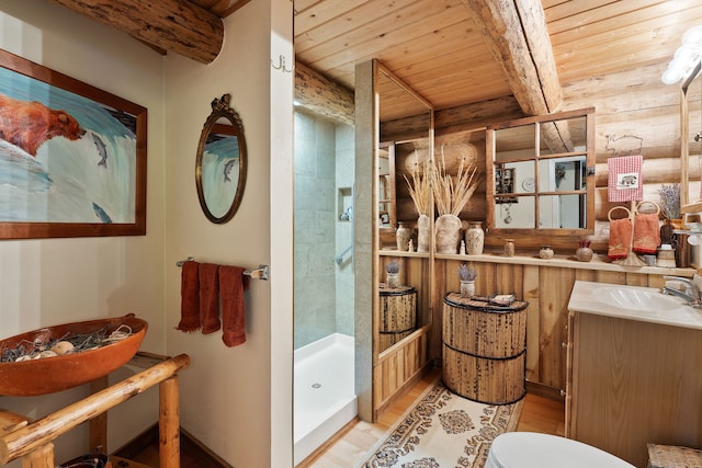 bathroom featuring vanity, a shower, wood ceiling, and hardwood / wood-style flooring