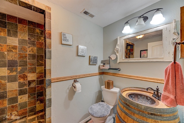 bathroom featuring toilet, vanity, and a shower