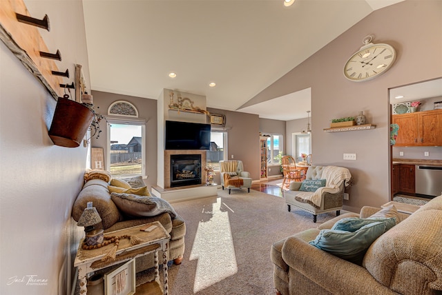 carpeted living room with a healthy amount of sunlight and high vaulted ceiling