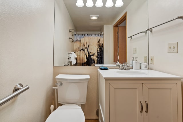 bathroom featuring vanity, toilet, and a shower with curtain