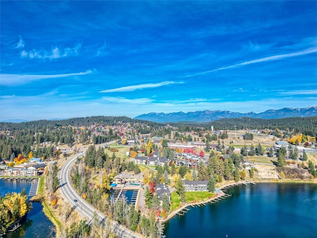 aerial view featuring a water and mountain view