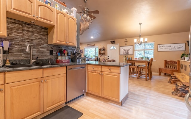 kitchen featuring sink, kitchen peninsula, dishwasher, and plenty of natural light