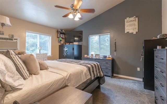 carpeted bedroom with ceiling fan, an AC wall unit, and vaulted ceiling