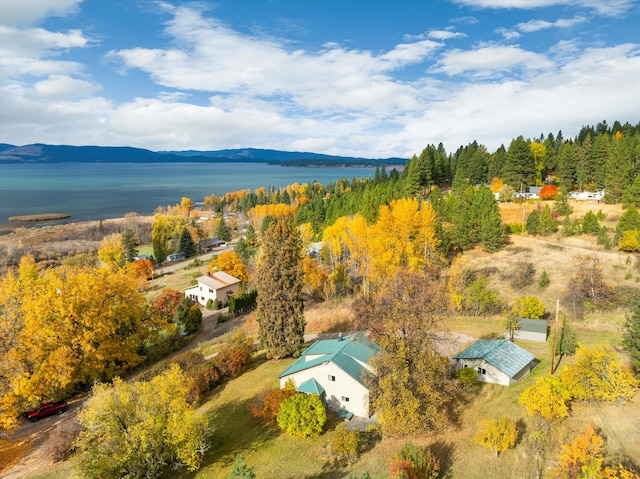 birds eye view of property with a water and mountain view