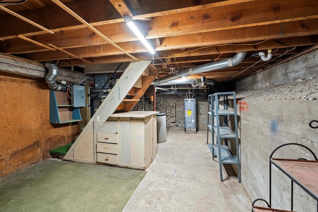 basement featuring electric water heater and electric panel