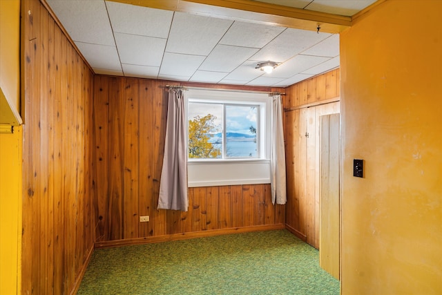 unfurnished room featuring wood walls and carpet