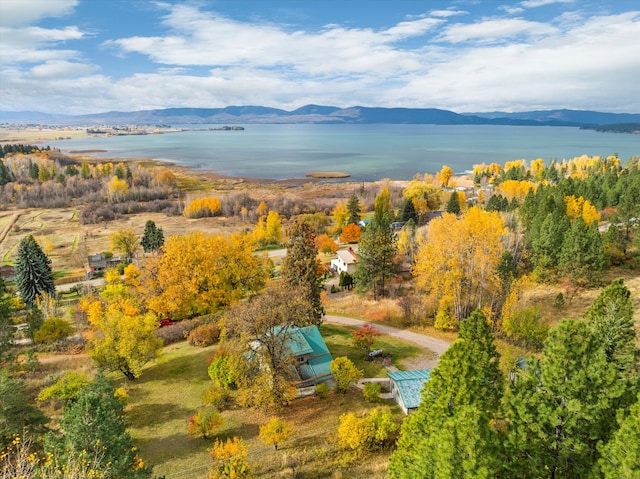 drone / aerial view with a water and mountain view