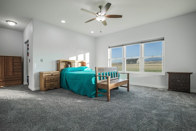 bedroom with carpet, baseboards, recessed lighting, and ceiling fan
