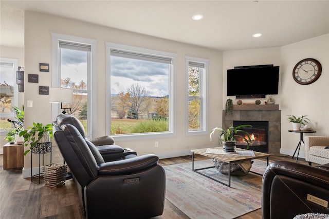 living room featuring hardwood / wood-style floors and a tiled fireplace