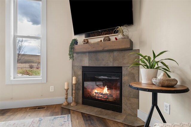 room details with a tiled fireplace and hardwood / wood-style flooring