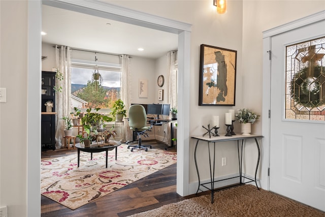 home office featuring dark wood-type flooring