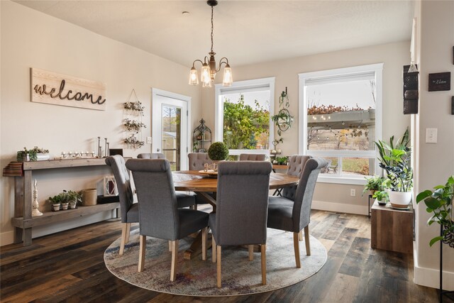 dining area featuring a notable chandelier, dark wood-type flooring, and a wealth of natural light