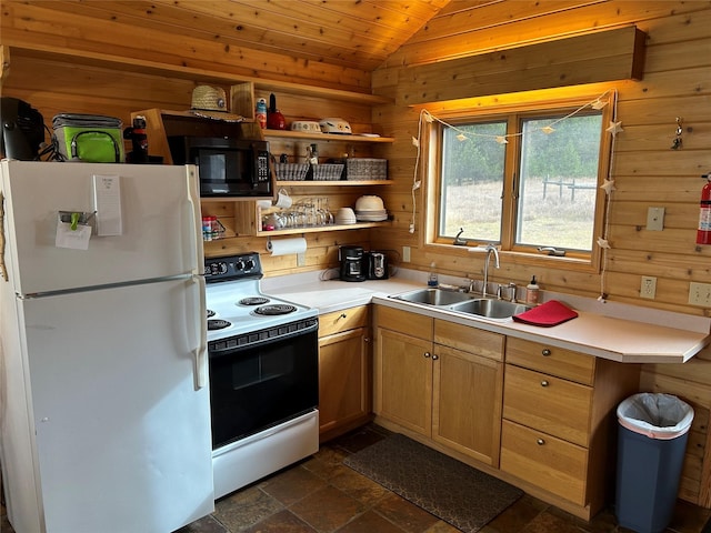 NHN Lupfer Meadows Rd, Whitefish, MT 59937 - kitchen featuring freestanding refrigerator, electric range, a sink, lofted ceiling, and wooden walls