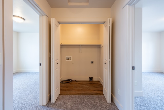 clothes washing area with carpet flooring, electric dryer hookup, and washer hookup