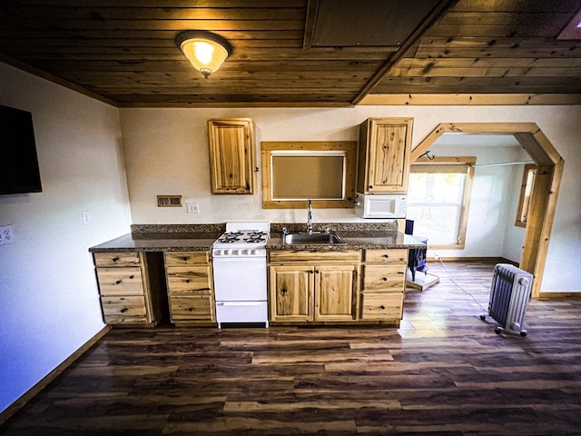 9330 US Highway 2 W, Marion, MT 59925 - kitchen with white appliances, a sink, wooden ceiling, baseboards, and dark wood-style floors