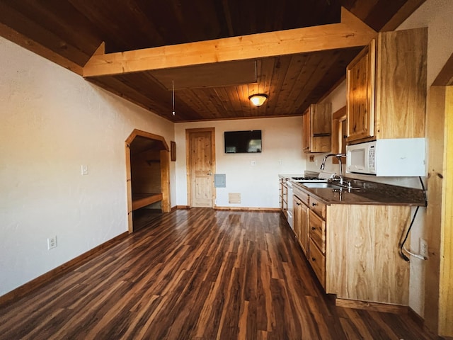 9330 US Highway 2 W, Marion, MT 59925 - kitchen with a sink, wood ceiling, baseboards, dark countertops, and dark wood-style floors
