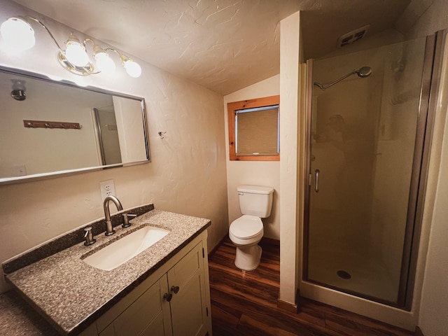 9330 US Highway 2 W, Marion, MT 59925 - bathroom featuring vaulted ceiling, wood finished floors, toilet, a shower stall, and vanity